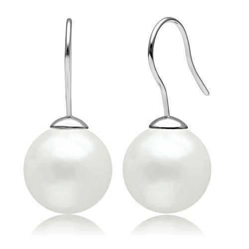 3W087 - Rhodium Brass Earrings with Synthetic Pearl in White-0