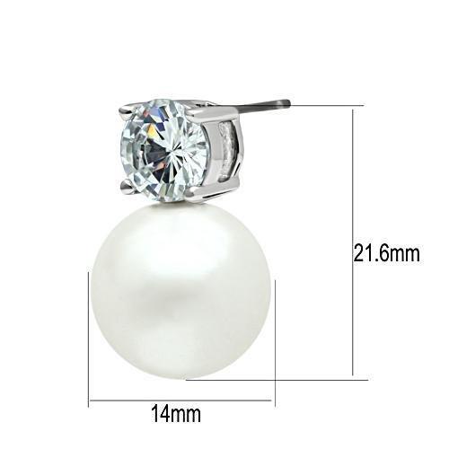 3W088 - Rhodium Brass Earrings with Synthetic Pearl in White-2