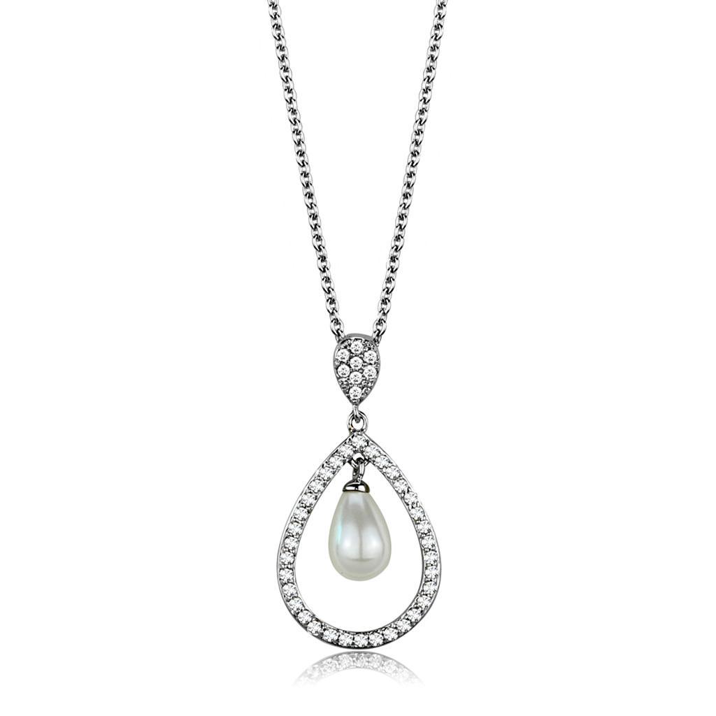 3W1031 - Rhodium Brass Chain Pendant with Synthetic Pearl in White-0