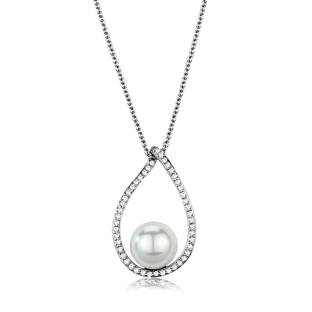 3W1036 - Rhodium Brass Chain Pendant with Synthetic Pearl in White-0