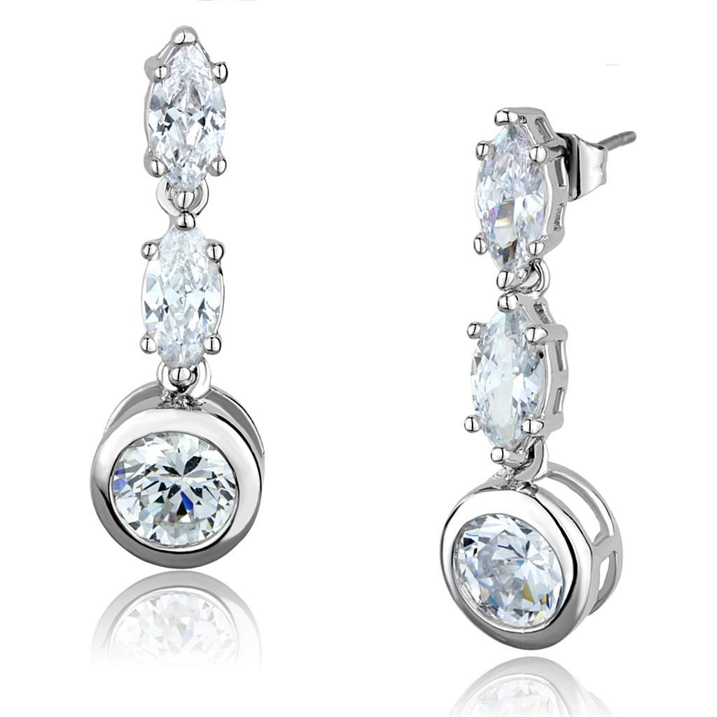 3W1060 - Rhodium Brass Earrings with AAA Grade CZ  in Clear-0