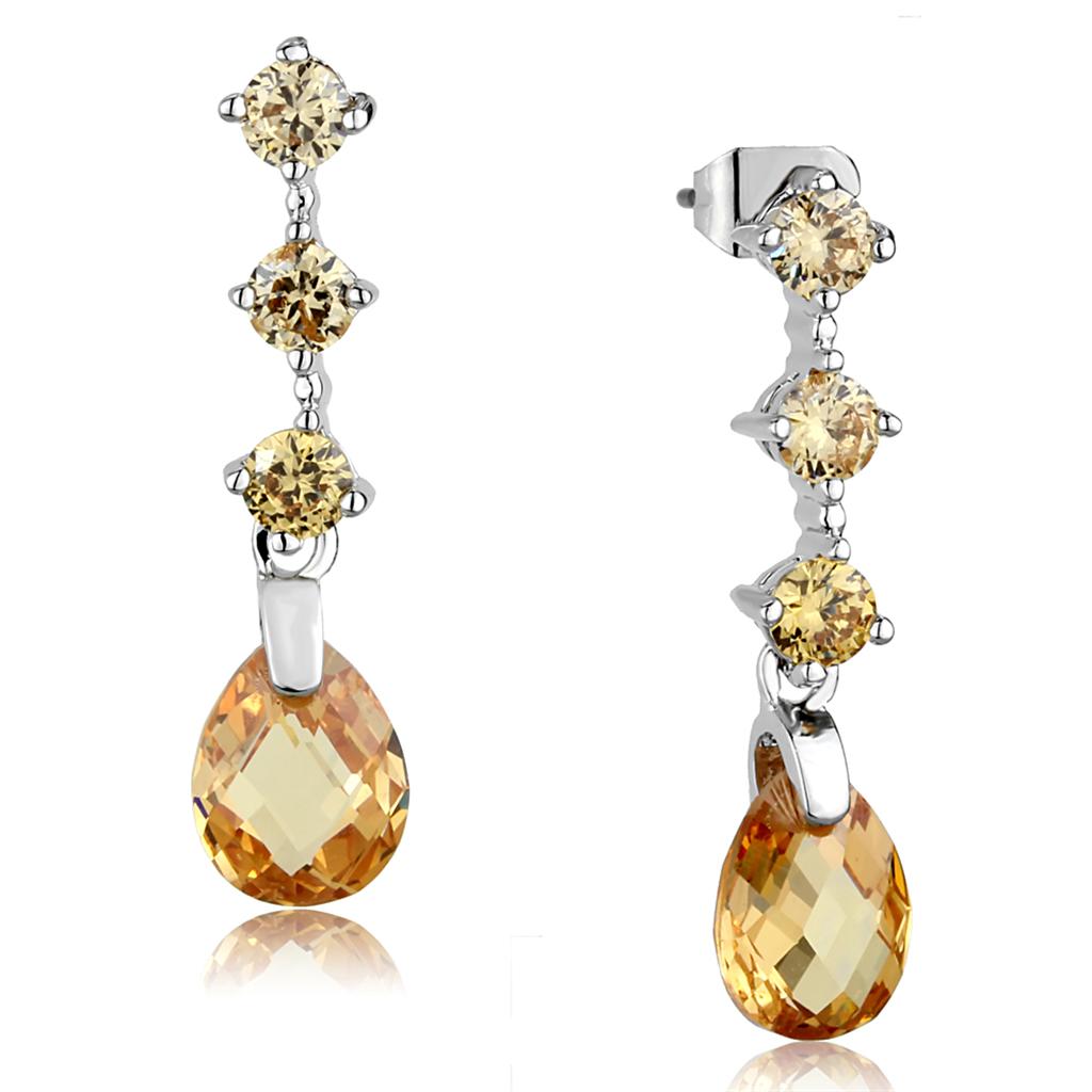 3W1063 - Rhodium Brass Earrings with AAA Grade CZ  in Champagne-0