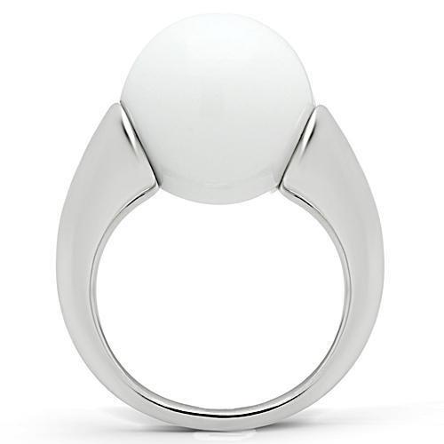 3W106 - Rhodium Brass Ring with Synthetic Glass Bead in White-2