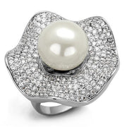 3W1080 - Rhodium Brass Ring with Synthetic Pearl in White-0