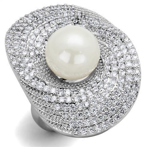 3W1082 - Rhodium Brass Ring with Synthetic Pearl in White-0