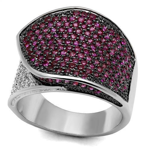 3W1217 - Rhodium + Ruthenium Brass Ring with AAA Grade CZ  in Ruby-0