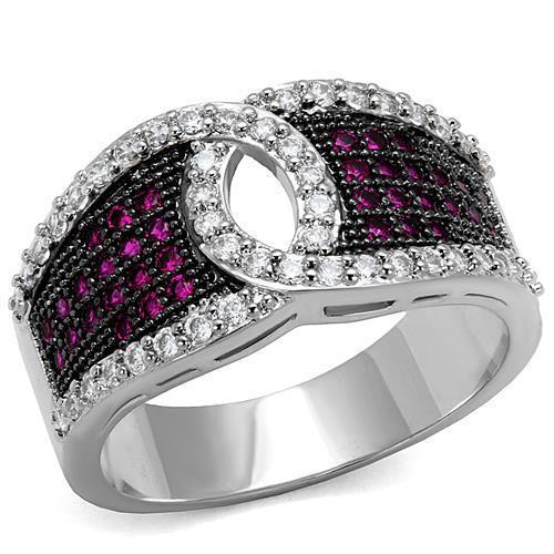 3W1243 - Rhodium + Ruthenium Brass Ring with AAA Grade CZ  in Ruby-0