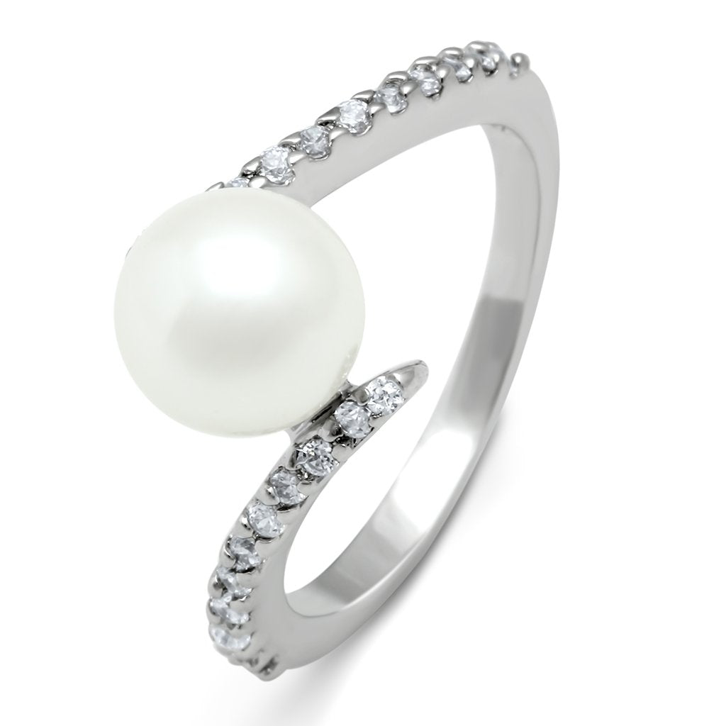3W126 - Rhodium Brass Ring with Synthetic Pearl in White-0