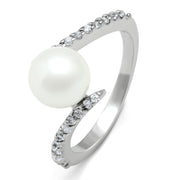 3W126 - Rhodium Brass Ring with Synthetic Pearl in White-0