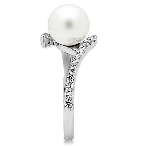 3W126 - Rhodium Brass Ring with Synthetic Pearl in White-3