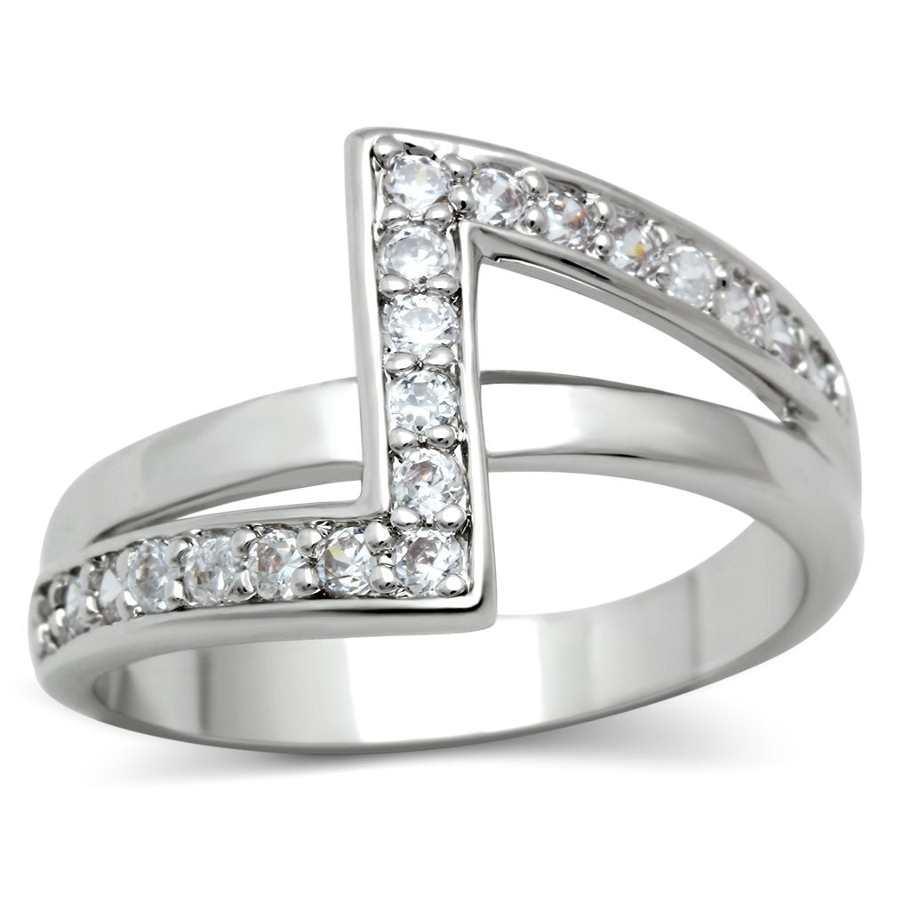 3W127 - Rhodium Brass Ring with AAA Grade CZ  in Clear-0