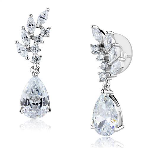 3W1282 - Rhodium Brass Earrings with AAA Grade CZ  in Clear-0