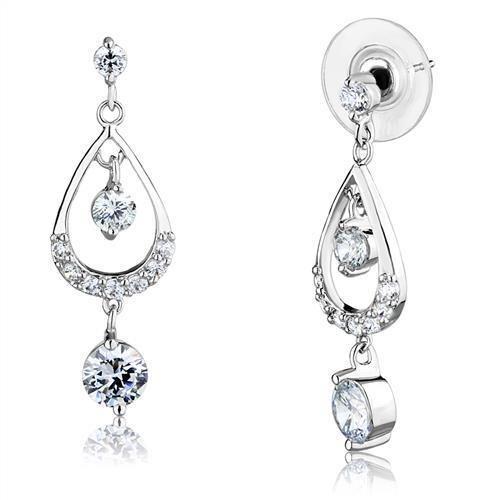 3W1286 - Rhodium Brass Earrings with AAA Grade CZ  in Clear-0