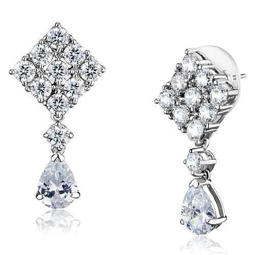 3W1288 - Rhodium Brass Earrings with AAA Grade CZ  in Clear-0