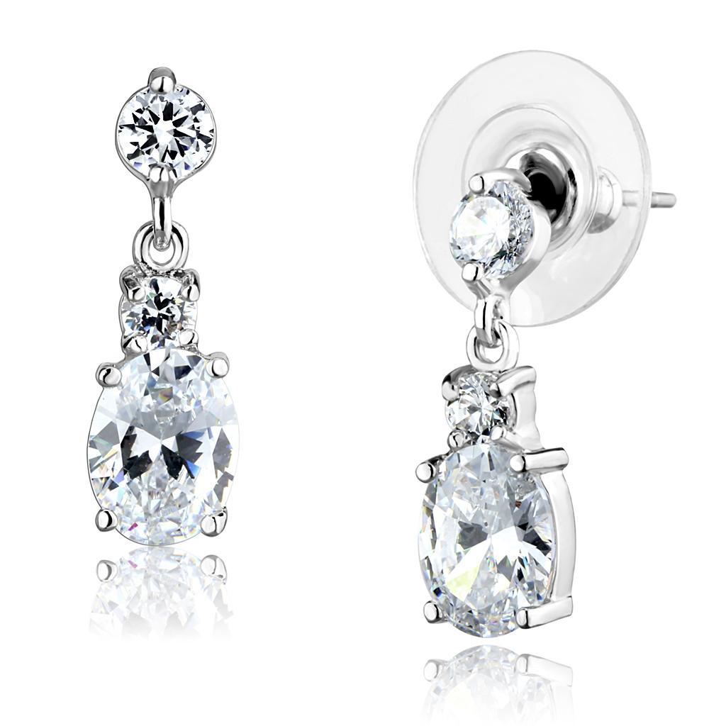 3W1290 - Rhodium Brass Earrings with AAA Grade CZ  in Clear-0