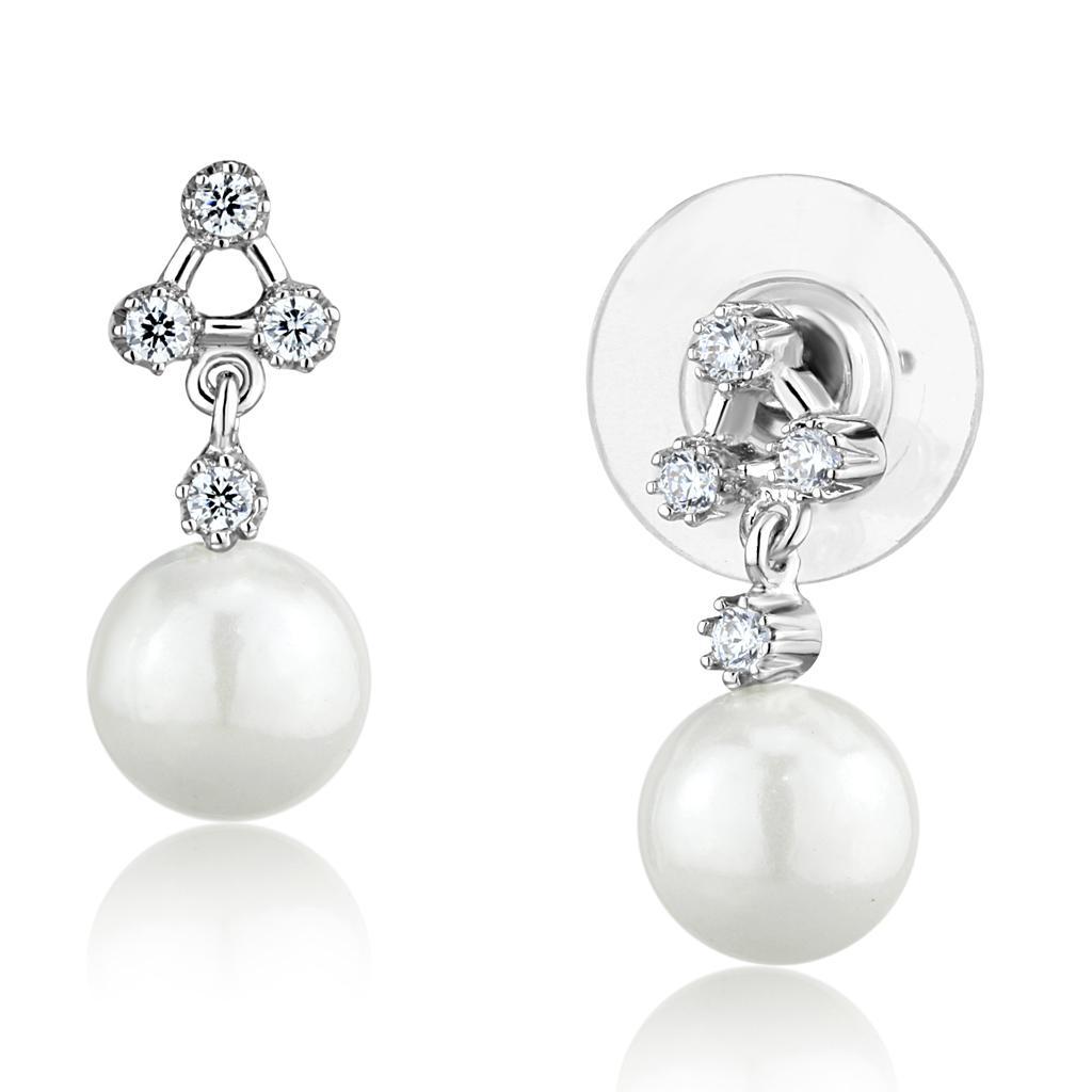 3W1295 - Rhodium Brass Earrings with Synthetic Pearl in White-0