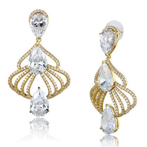 3W1325 - Gold Brass Earrings with AAA Grade CZ  in Clear-0