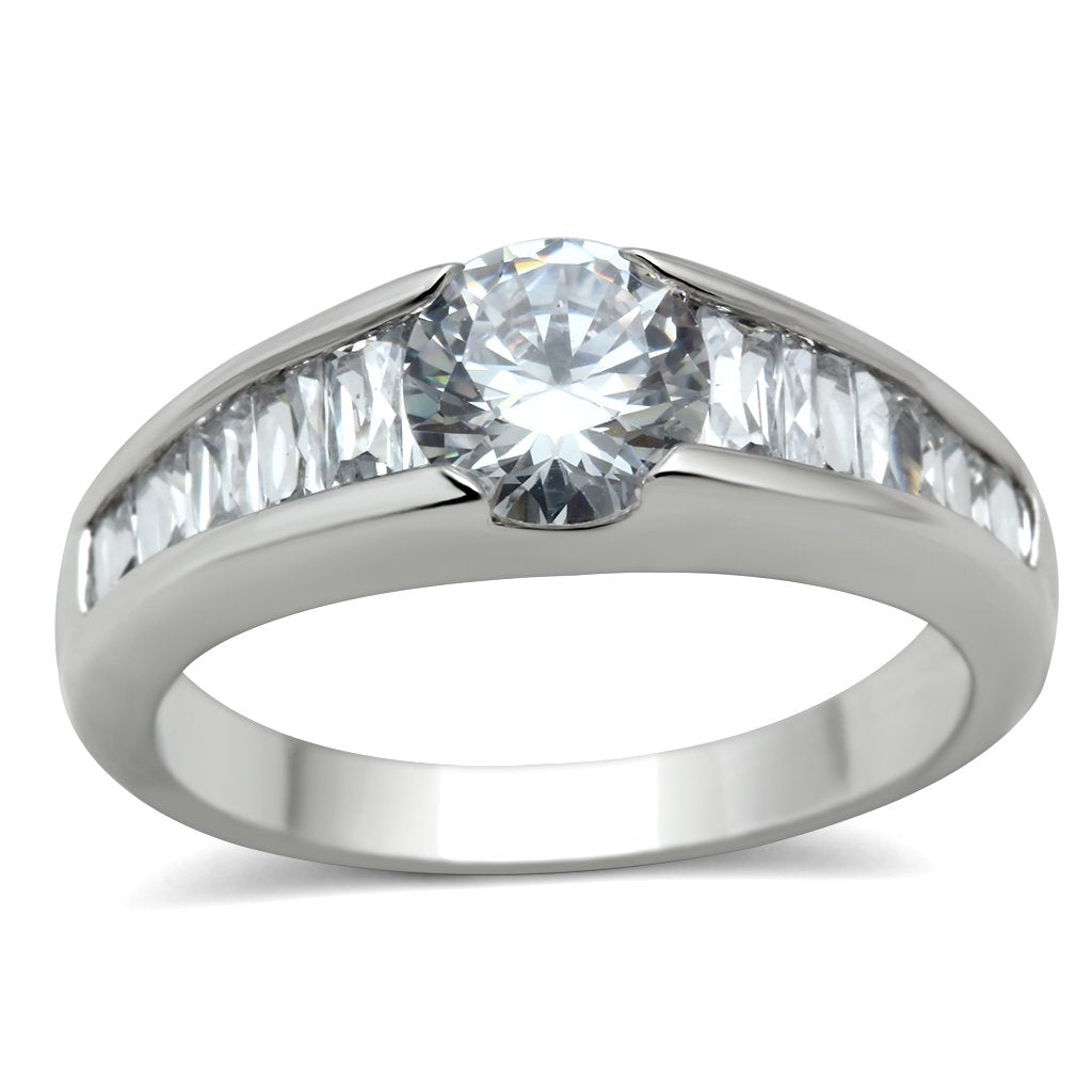 3W133 - Rhodium Brass Ring with AAA Grade CZ  in Clear-0