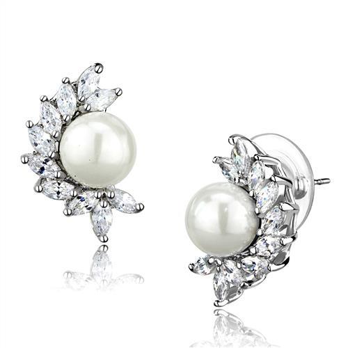 3W1354 - Rhodium Brass Earrings with Synthetic Pearl in White-0