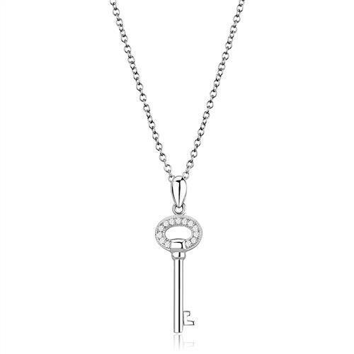 3W1379 - Rhodium 925 Sterling Silver Chain Pendant with AAA Grade CZ  in Clear-0