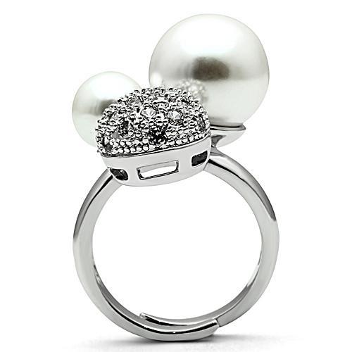 3W137 - Rhodium Brass Ring with Synthetic Pearl in White-2