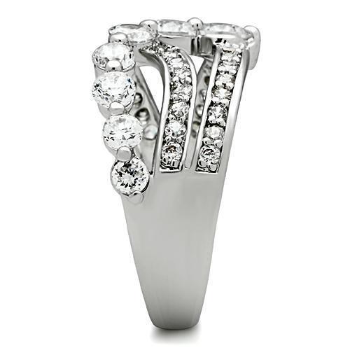 3W142 - Rhodium Brass Ring with AAA Grade CZ  in Clear-3