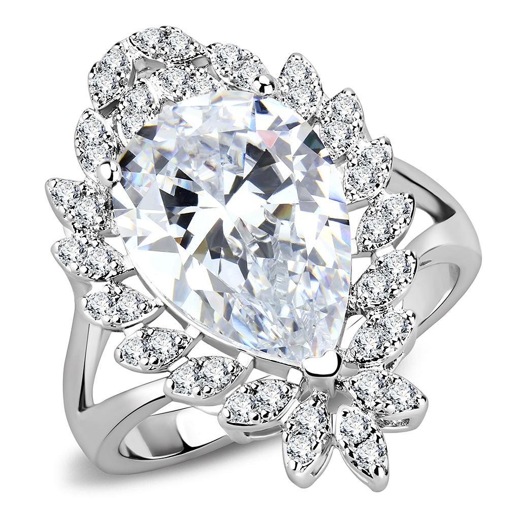 3W1435 - Rhodium Brass Ring with AAA Grade CZ  in Clear-0