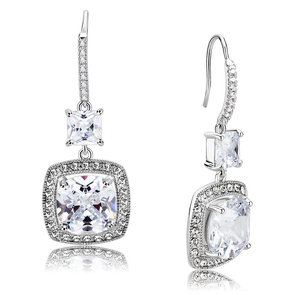 3W1477 - Rhodium Brass Earrings with AAA Grade CZ  in Clear-0