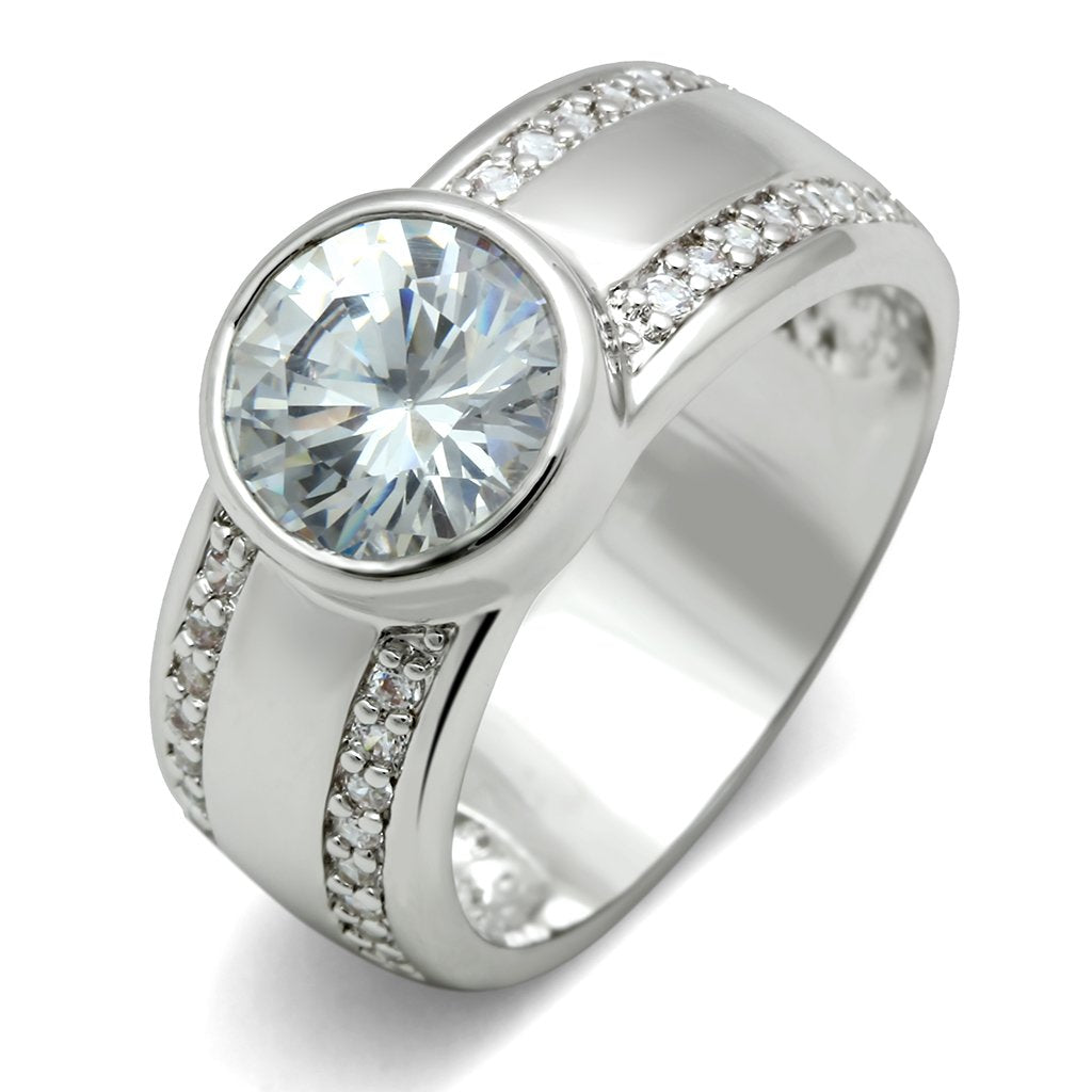 3W147 - Rhodium Brass Ring with AAA Grade CZ  in Clear-0