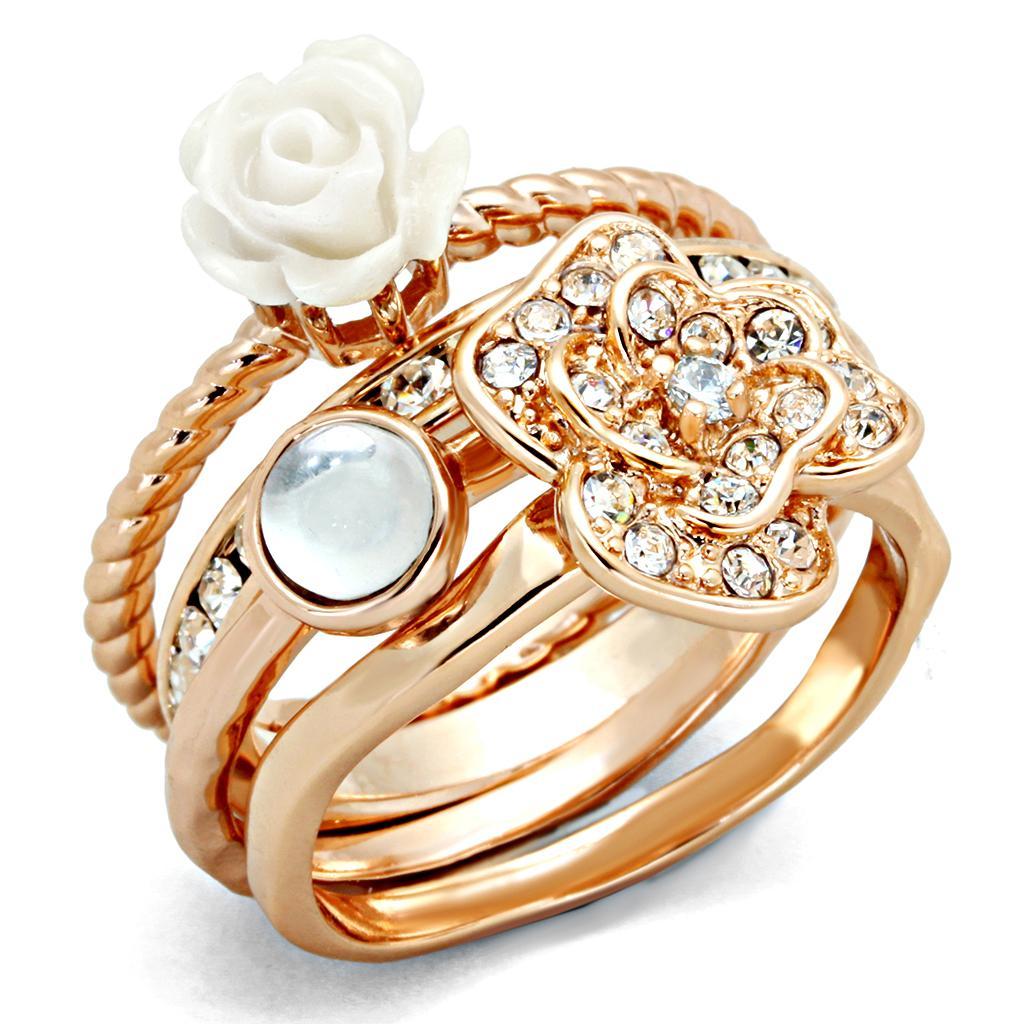 3W1490 - Rose Gold Brass Ring with Synthetic Synthetic Stone in White-0