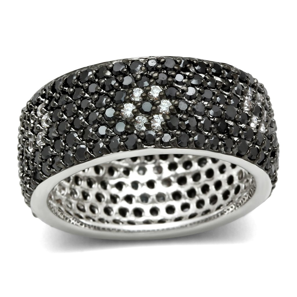 3W158 - Rhodium + Ruthenium Brass Ring with AAA Grade CZ  in Jet-0