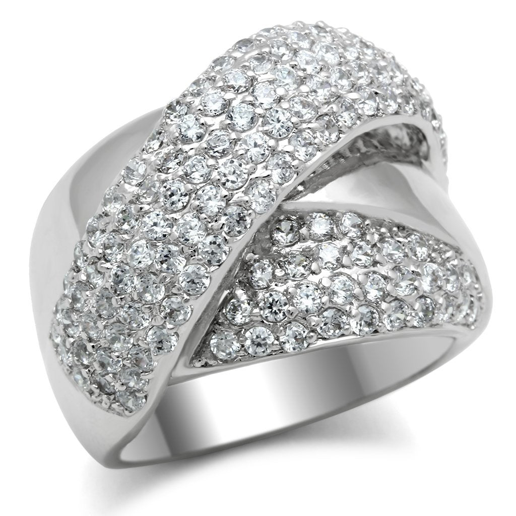 3W160 - Rhodium Brass Ring with AAA Grade CZ  in Clear-0