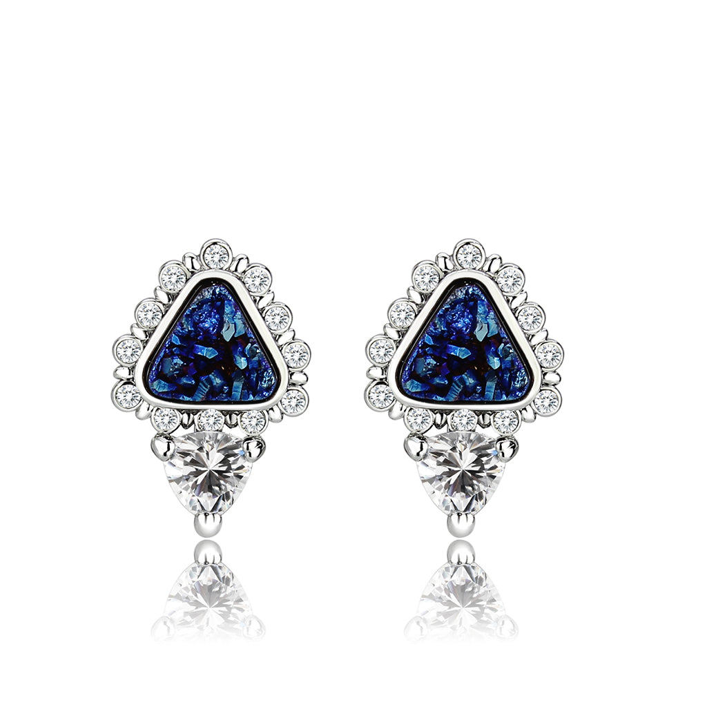 3W1730E -  Imitation Rhodium+E-coating Brass Earring with Druzy in Capri Blue-2