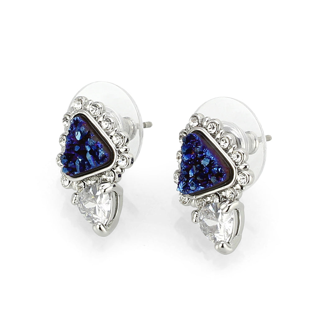 3W1730E -  Imitation Rhodium+E-coating Brass Earring with Druzy in Capri Blue-0