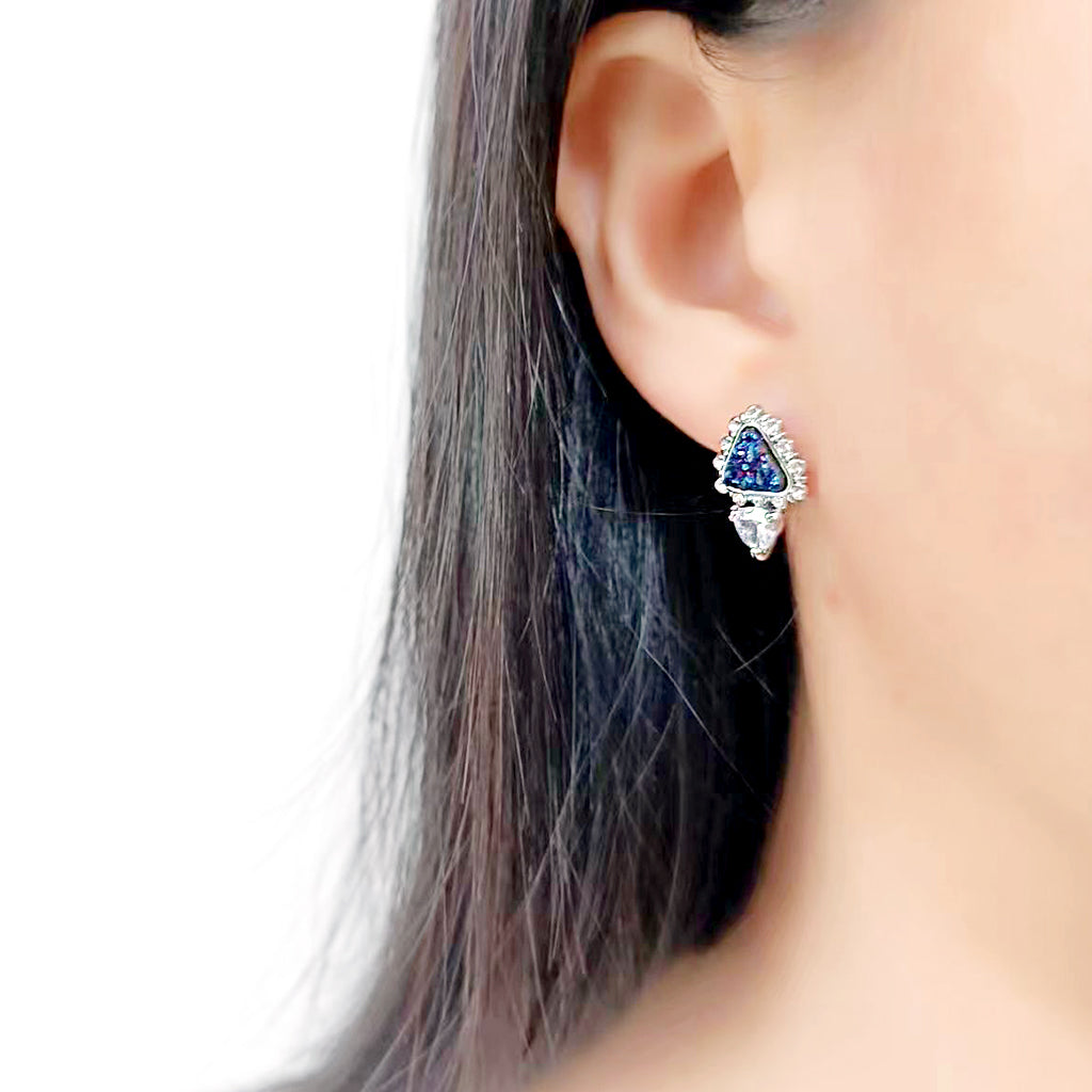 3W1730E -  Imitation Rhodium+E-coating Brass Earring with Druzy in Capri Blue-1