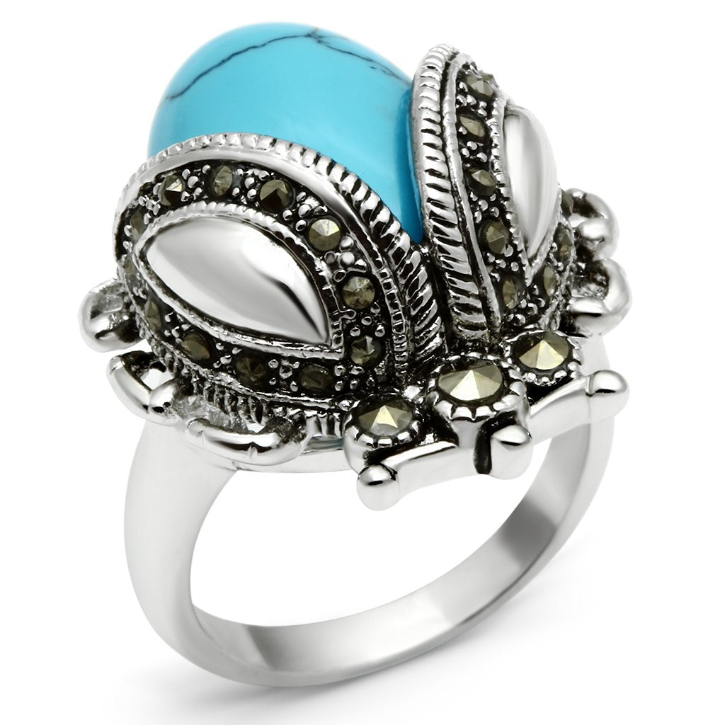 3W181 - Rhodium Brass Ring with Synthetic Turquoise in Sea Blue-0