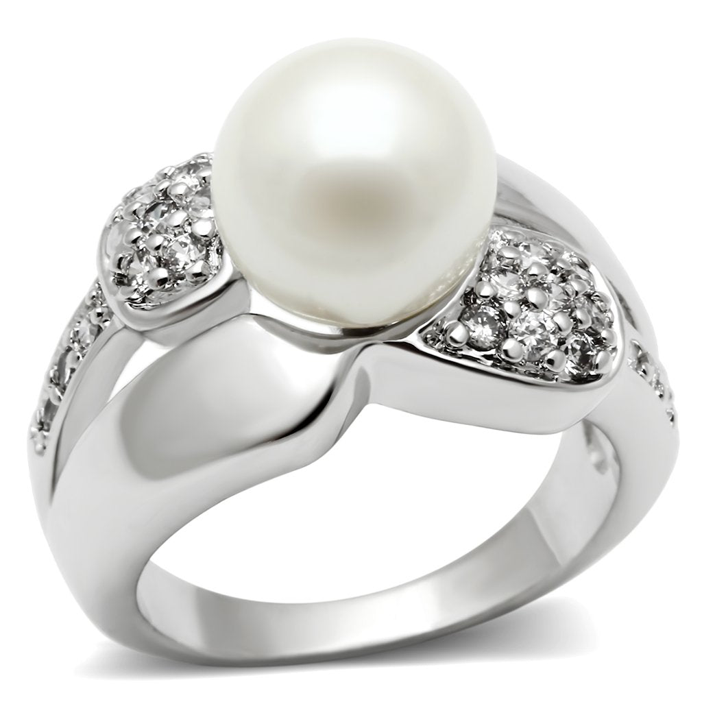 3W182 - Rhodium Brass Ring with Synthetic Pearl in White-0