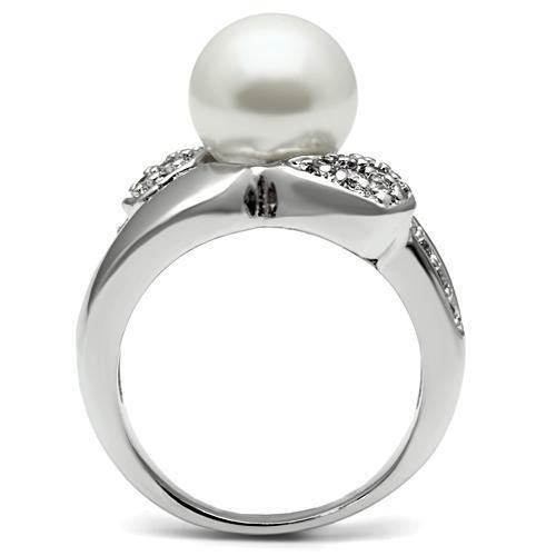 3W182 - Rhodium Brass Ring with Synthetic Pearl in White-2