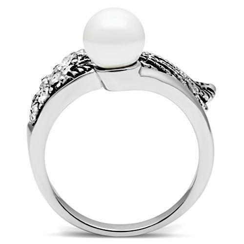 3W191 - Rhodium Brass Ring with Synthetic Pearl in White-3
