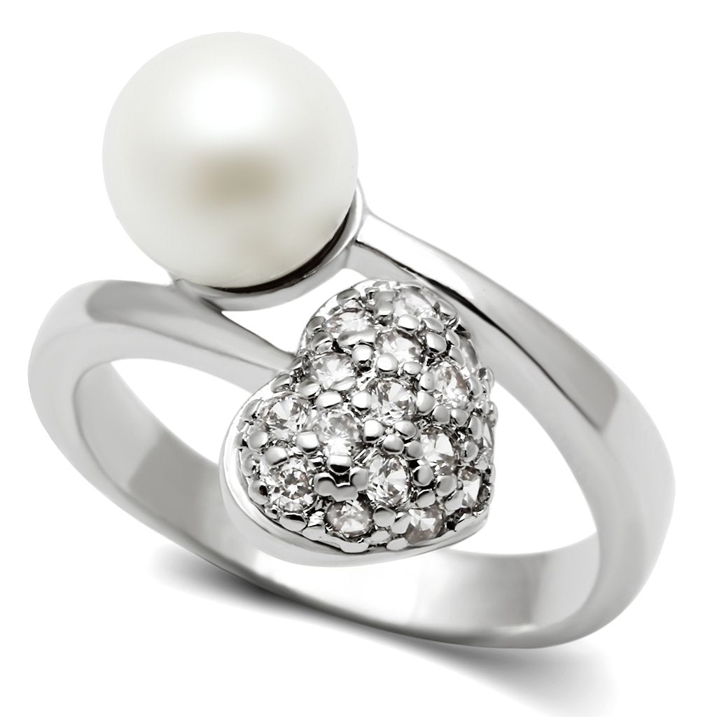 3W192 - Rhodium Brass Ring with Synthetic Pearl in White-0