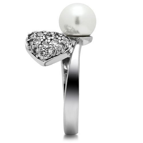 3W192 - Rhodium Brass Ring with Synthetic Pearl in White-3