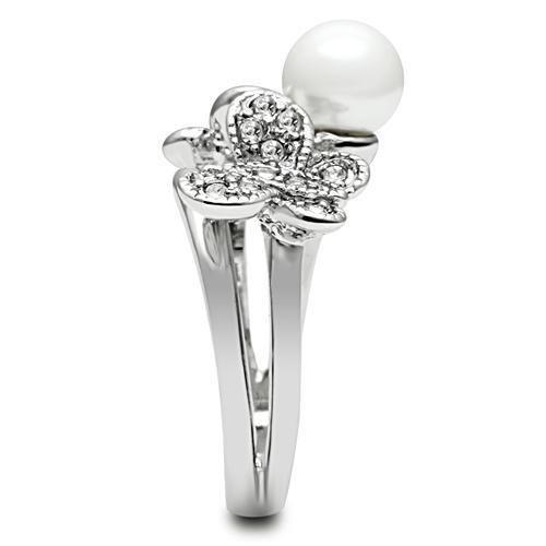 3W223 - Rhodium Brass Ring with Synthetic Pearl in White-3