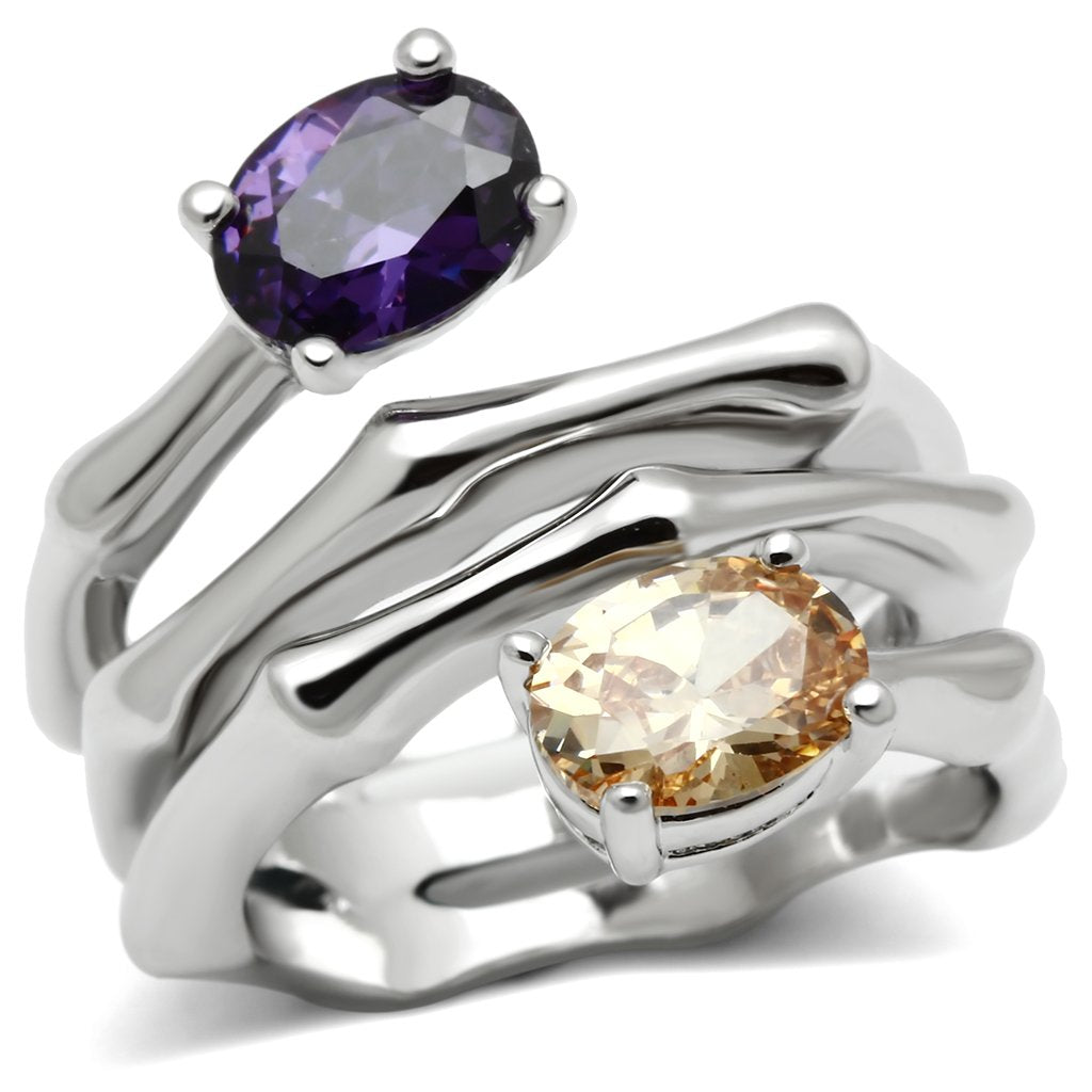 3W224 - Rhodium Brass Ring with AAA Grade CZ  in Multi Color-0