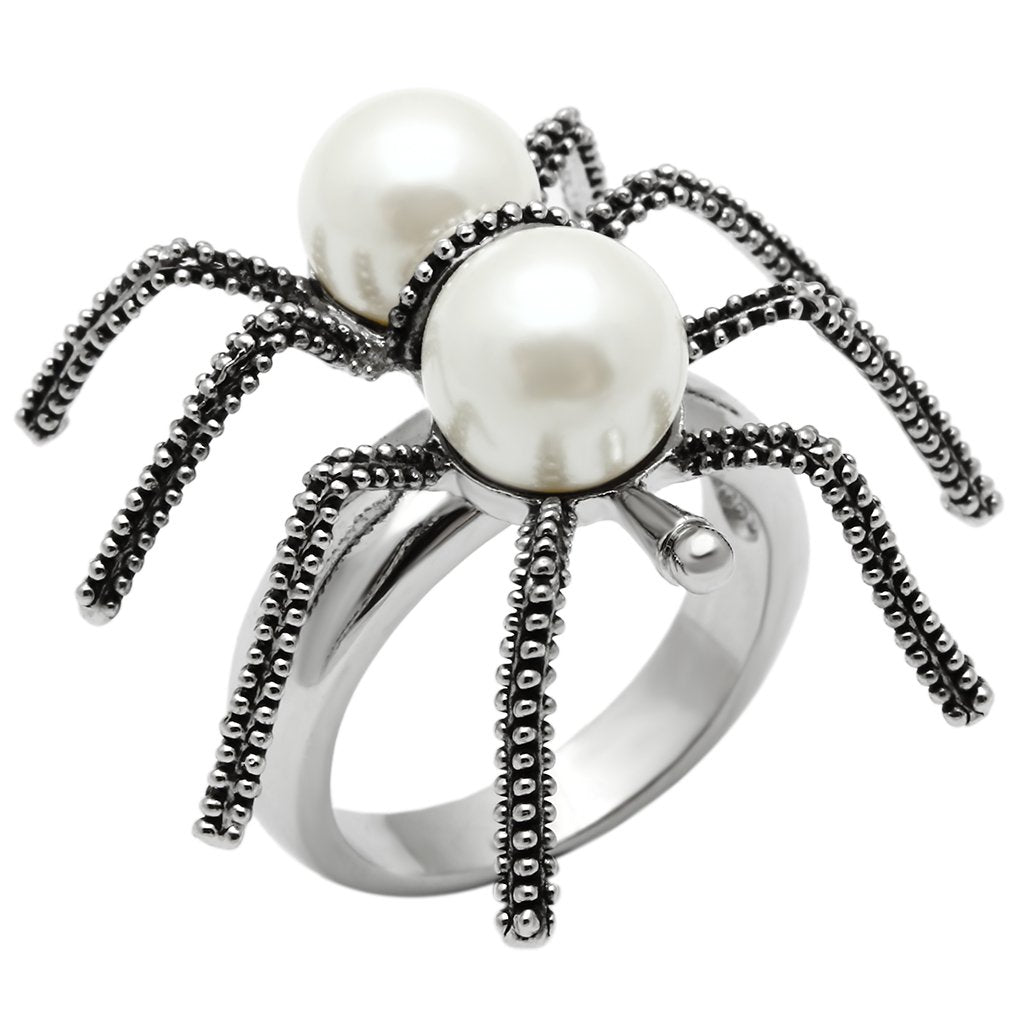 3W226 - Rhodium Brass Ring with Synthetic Pearl in White-0