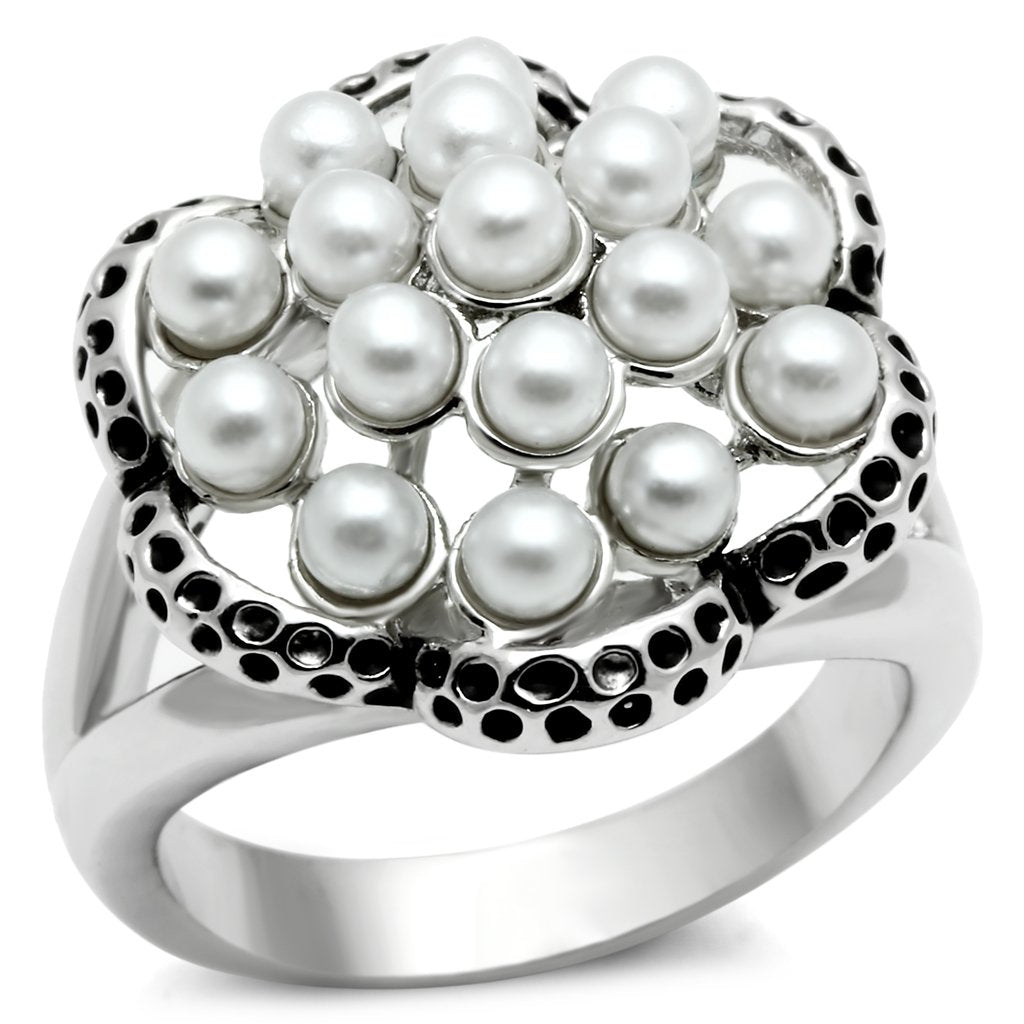 3W232 - Rhodium Brass Ring with Synthetic Pearl in White-0
