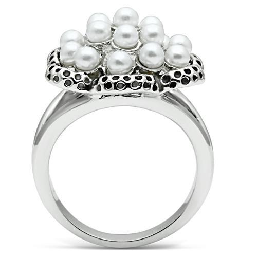 3W232 - Rhodium Brass Ring with Synthetic Pearl in White-2