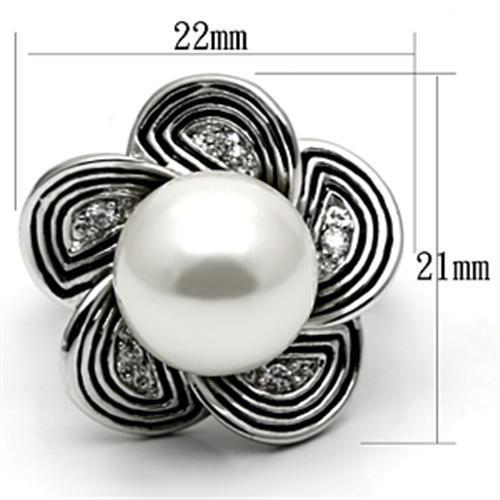 3W240 - Rhodium Brass Ring with Synthetic Pearl in White-1