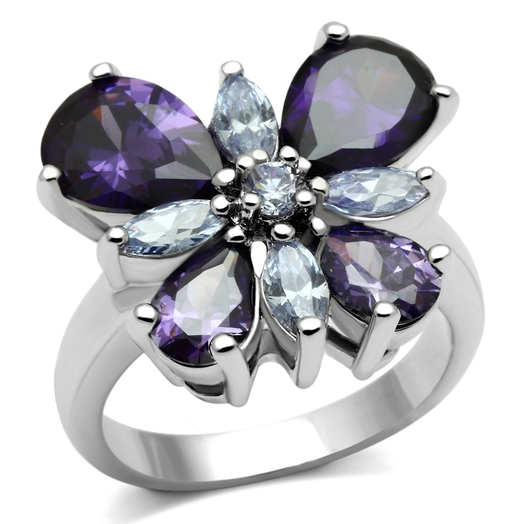 3W254 - Rhodium Brass Ring with AAA Grade CZ  in Multi Color-0
