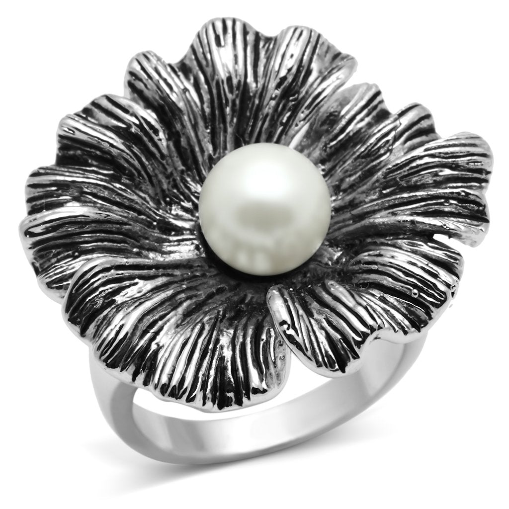 3W259 - Rhodium Brass Ring with Synthetic Pearl in White-0