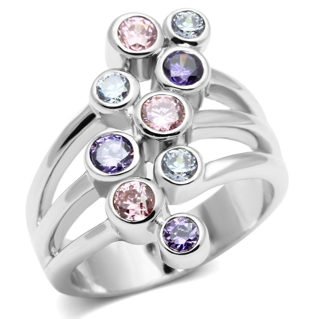Lorna Cocktail Ring - Rhodium Brass, AAA CZ , Multi Color - 3W290-0
